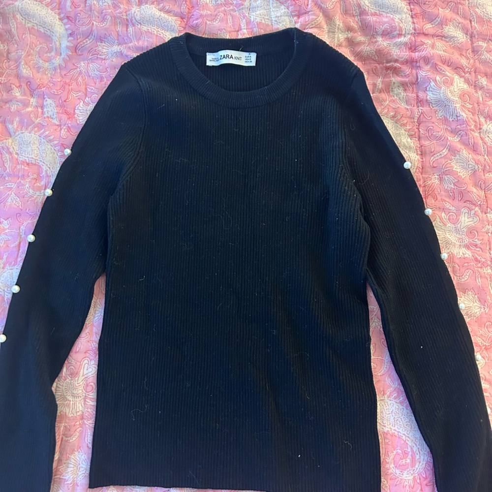 Zara Knit Black Sweater with Pearl Accents